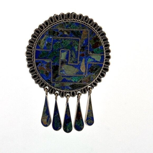 Estate Mexican Sterling Silver 925 Azurite Malachite Inlay Brooch Pin Pendant 15 - Picture 1 of 8